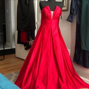 Betsy & Adam Red Plunge Neck Strapless Gown